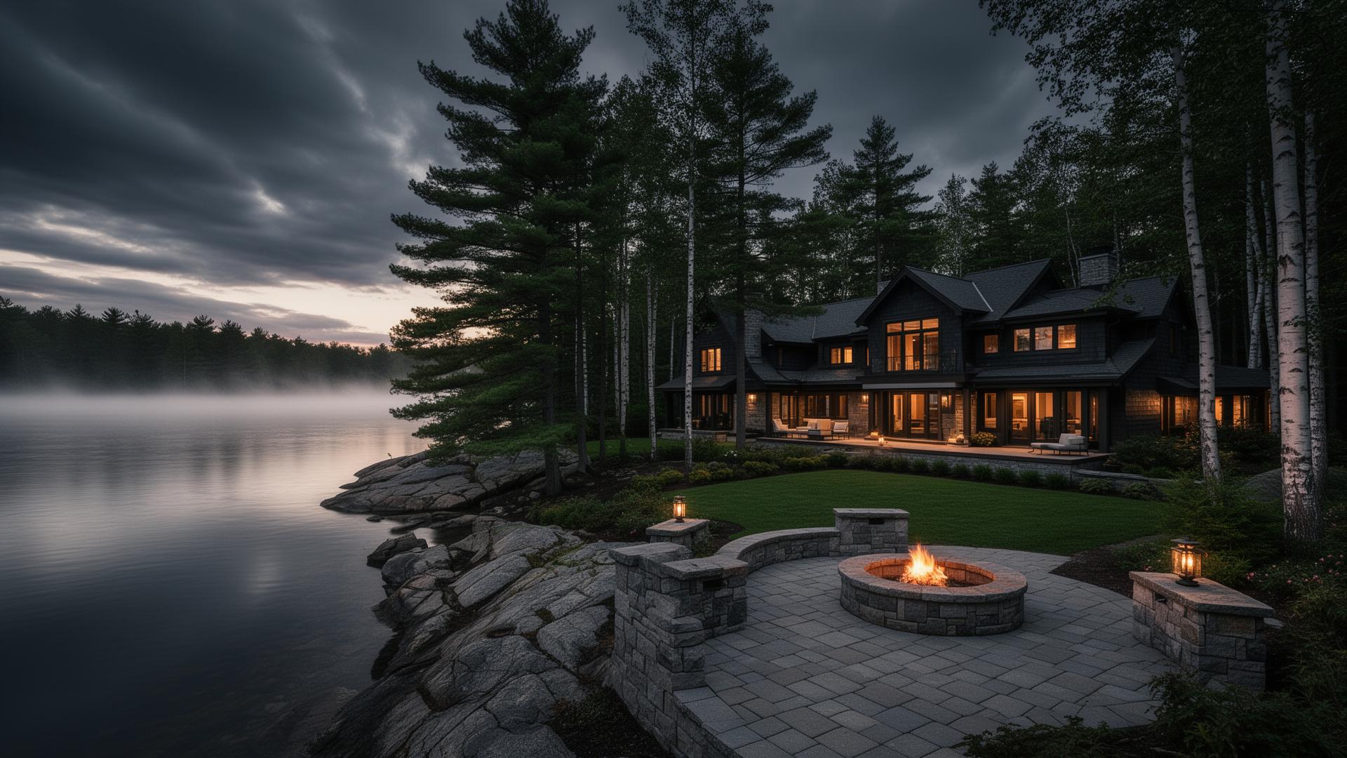 Luxury Muskoka cottage at dusk with a granite shoreline patio